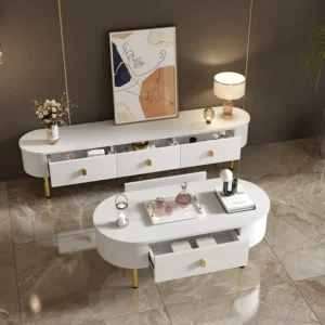 Moderne TV-kast en salontafelset - 174 x 35 x 41 cm + 108 x 50 x 40 cm - MDF hout en gouden poten - Wit Merax