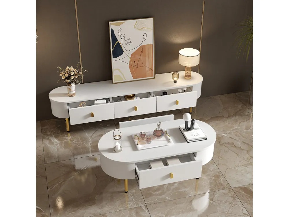 Moderne TV-kast en salontafelset - 174 x 35 x 41 cm + 108 x 50 x 40 cm - MDF hout en gouden poten - Wit Merax