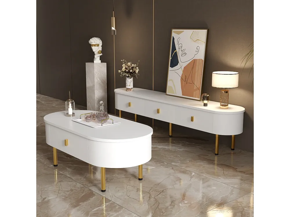Moderne TV-kast en salontafelset - 174 x 35 x 41 cm + 108 x 50 x 40 cm - MDF hout en gouden poten - Wit Merax