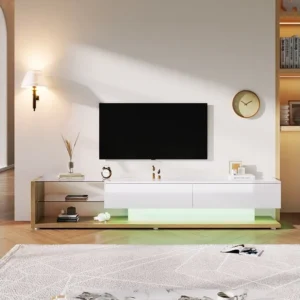 TV-kasten met 2 lades en glazen planken - 170 x 36 x 38 cm - LED's - Spaanplaat - Wit + naturel Merax