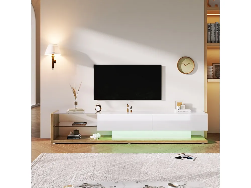 TV-kasten met 2 lades en glazen planken - 170 x 36 x 38 cm - LED's - Spaanplaat - Wit + naturel Merax