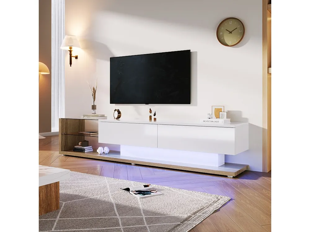 TV-kasten met 2 lades en glazen planken - 170 x 36 x 38 cm - LED's - Spaanplaat - Wit + naturel Merax