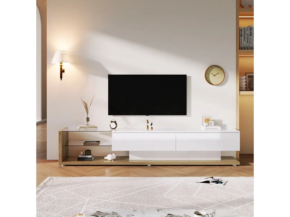 TV-kasten met 2 lades en glazen planken - 170 x 36 x 38 cm - LED's - Spaanplaat - Wit + naturel Merax