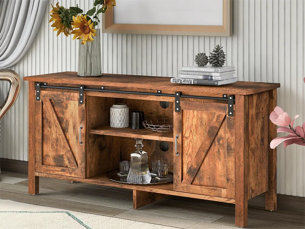 TV-meubel 120 cm - 2 schuifdeuren en 2 nissen - MDF en metaal - bruin Merax