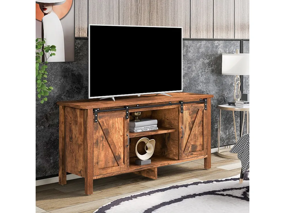 TV-meubel 120 cm - 2 schuifdeuren en 2 nissen - MDF en metaal - bruin Merax