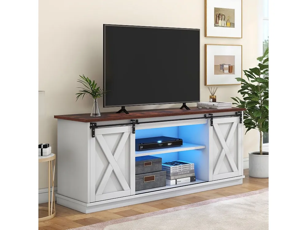 TV-meubel 150 cm - 2 schuifdeuren en 2 verstelbare planken - MDF en metaal - wit en bruin Merax