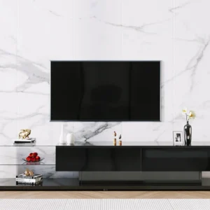 TV-meubel 170 cm - 2 lades en glazen planken - LED's - glanzend zwart Merax