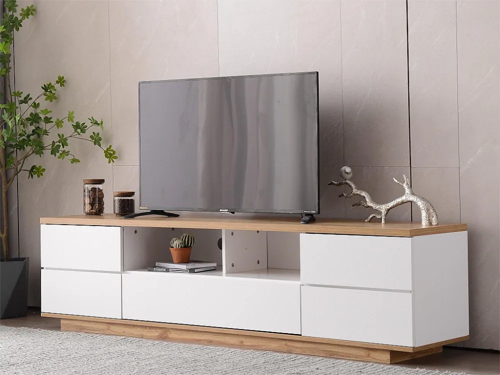 TV-meubel 180 cm - 5 deuren en 2 nissen - MDF - naturel en wit fineer Merax