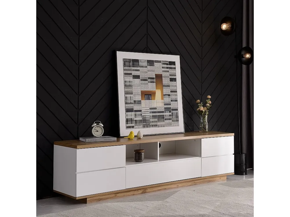 TV-meubel 180 cm - 5 deuren en 2 nissen - MDF - naturel en wit fineer Merax