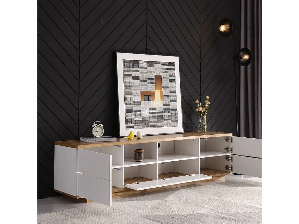 TV-meubel 180 cm - 5 deuren en 2 nissen - MDF - naturel en wit fineer Merax
