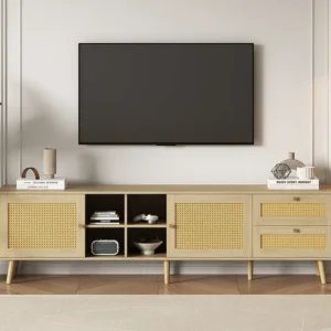 TV-meubel 180 x 40 x 55 cm met 2 laden 2 deuren voor 80" TV - Rotan patroon - Spaanplaten - Natuurlijke kleur Merax