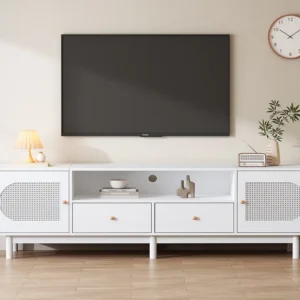 TV-meubel, 180 cm TV-meubel met 2 deuren en 2 lades, Voor TV's tot 80", Rotan patroon, Wit Merax