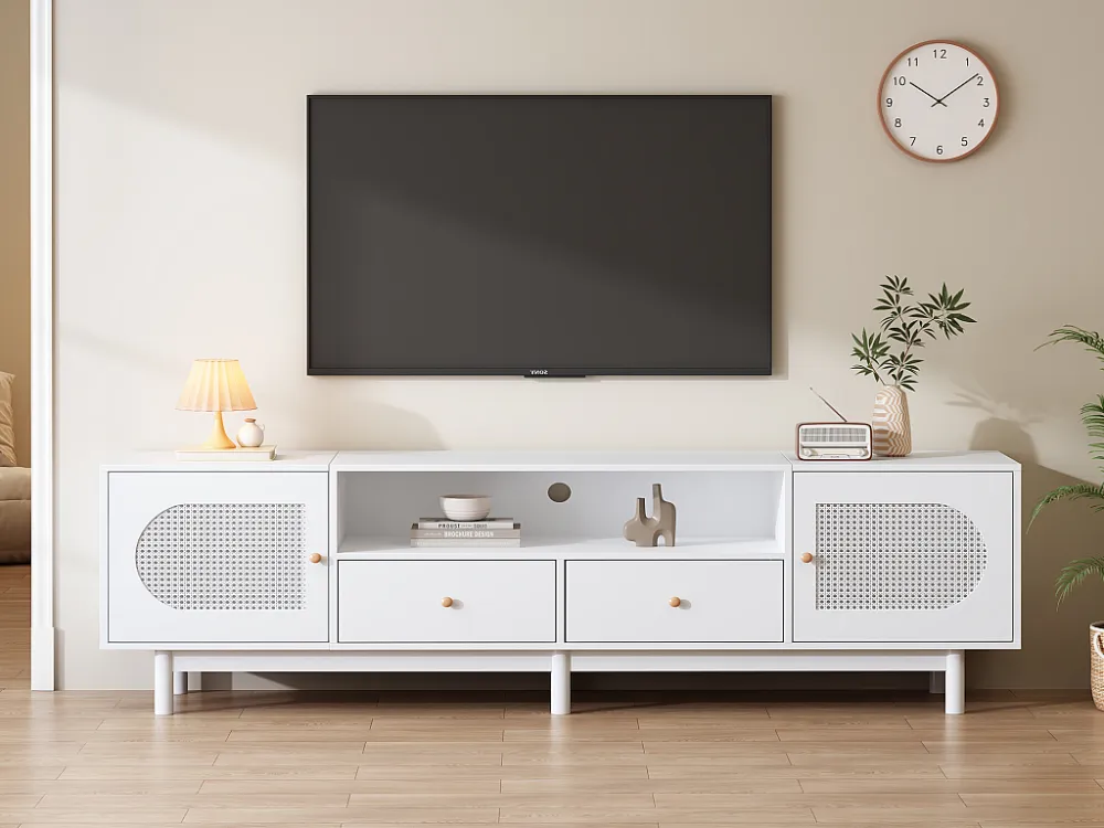 TV-meubel, 180 cm TV-meubel met 2 deuren en 2 lades, Voor TV's tot 80", Rotan patroon, Wit Merax