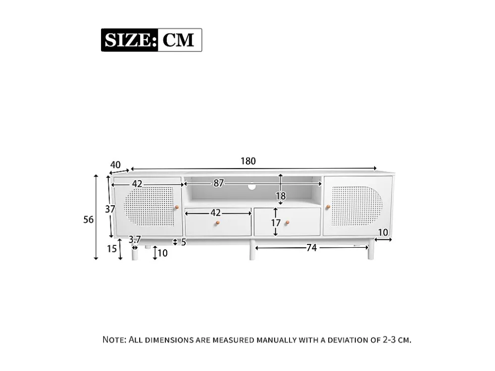 TV-meubel, 180 cm TV-meubel met 2 deuren en 2 lades, Voor TV's tot 80", Rotan patroon, Wit Merax