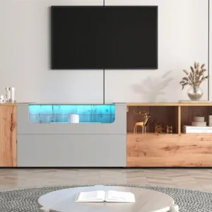 TV-meubel 190 cm - 3 deuren en 3 nissen, glazen plank - LED's - naturel en wit fineer Merax
