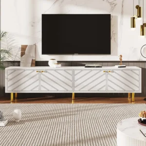 TV-meubel met 4 deuren - 170 x 38 x 50 cm - MDF hout en goud metaal - Wit Merax
