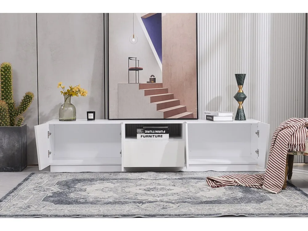 TV-meubel met 4 deuren, 1 lade & 1 nis - MDF hout - moderne stijl - wit gelakt Merax