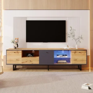TV-meubel met 3 deuren, 1 lade & 3 nissen - LED's - Spaanplaten en metalen poten - Eiken Merax