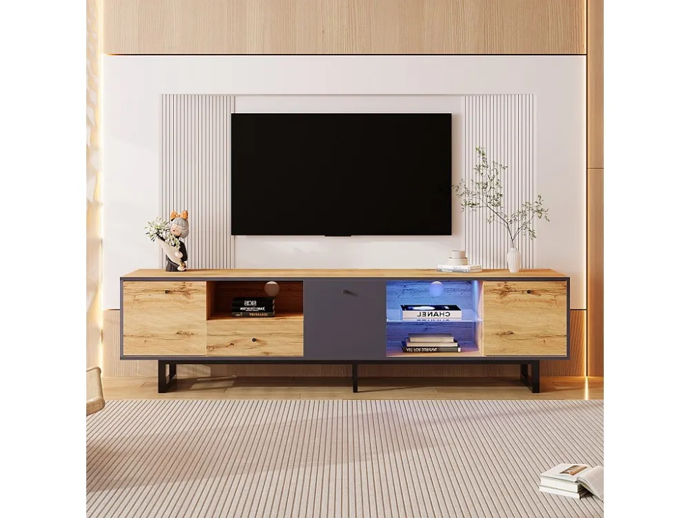 TV-meubel met 3 deuren, 1 lade & 3 nissen - LED's - Spaanplaten en metalen poten - Eiken Merax