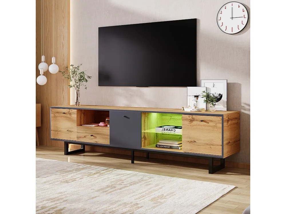 TV-meubel met 3 deuren, 1 lade & 3 nissen - LED's - Spaanplaten en metalen poten - Eiken Merax