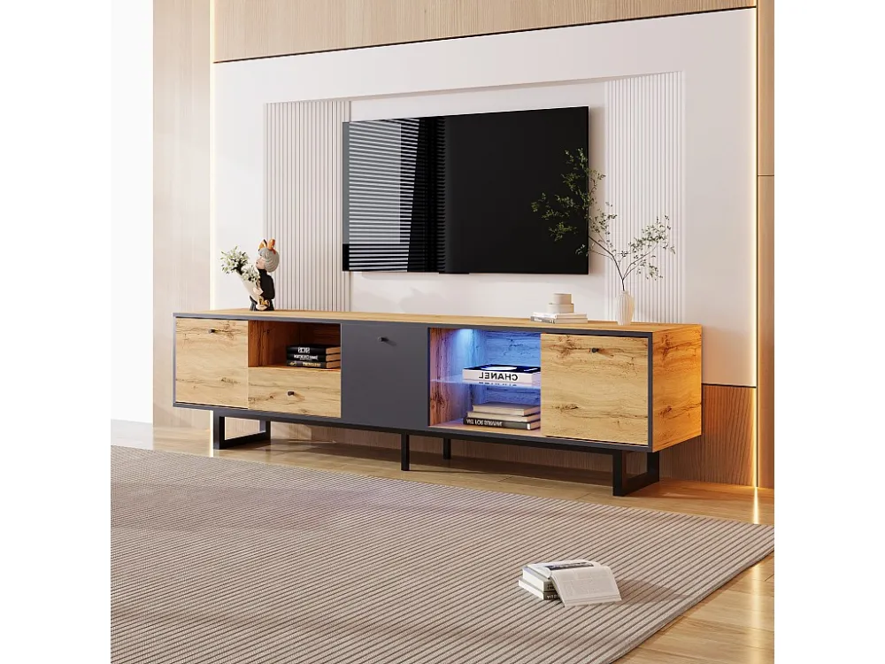 TV-meubel met 3 deuren, 1 lade & 3 nissen - LED's - Spaanplaten en metalen poten - Eiken Merax
