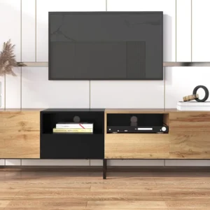 TV-meubel met 2 deuren, 2 laden & 2 nissen - houtlook - MDF hout en goud metaal - kleuren: eiken en zwart Merax