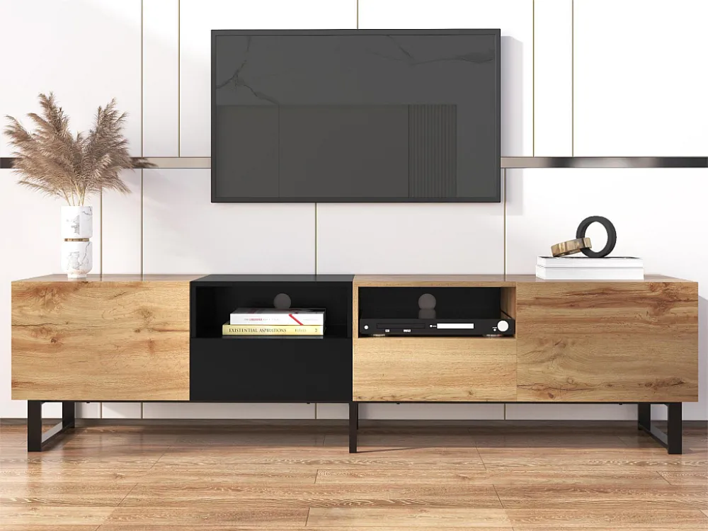 TV-meubel met 2 deuren, 2 laden & 2 nissen - houtlook - MDF hout en goud metaal - kleuren: eiken en zwart Merax