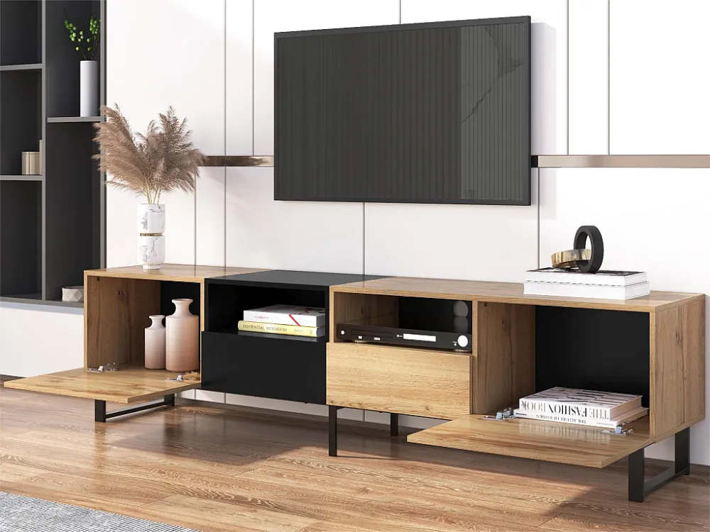 TV-meubel met 2 deuren, 2 laden & 2 nissen - houtlook - MDF hout en goud metaal - kleuren: eiken en zwart Merax