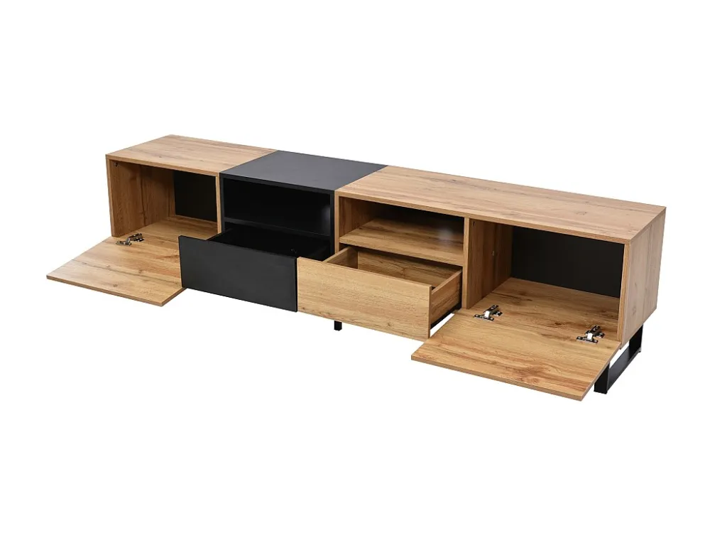 TV-meubel met 2 deuren, 2 laden & 2 nissen - houtlook - MDF hout en goud metaal - kleuren: eiken en zwart Merax