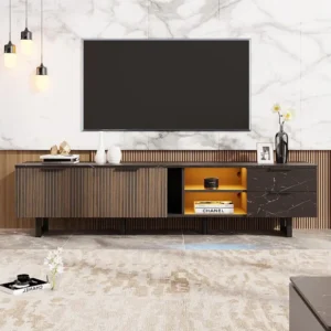 TV-meubel met 2 deuren, 2 laden en 2 nissen - 200 x 38 x 50 cm - LED's - MDF hout - Zwart + hout Merax