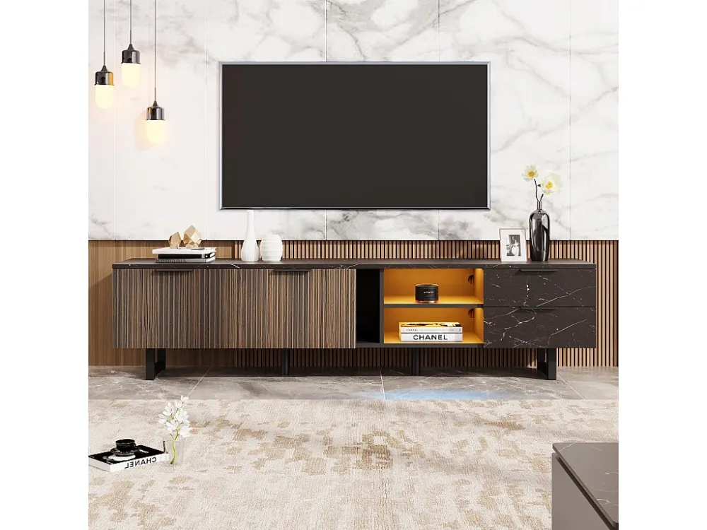 TV-meubel met 2 deuren, 2 laden en 2 nissen - 200 x 38 x 50 cm - LED's - MDF hout - Zwart + hout Merax