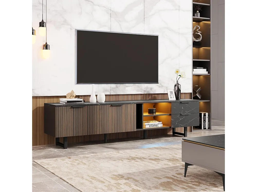 TV-meubel met 2 deuren, 2 laden en 2 nissen - 200 x 38 x 50 cm - LED's - MDF hout - Zwart + hout Merax