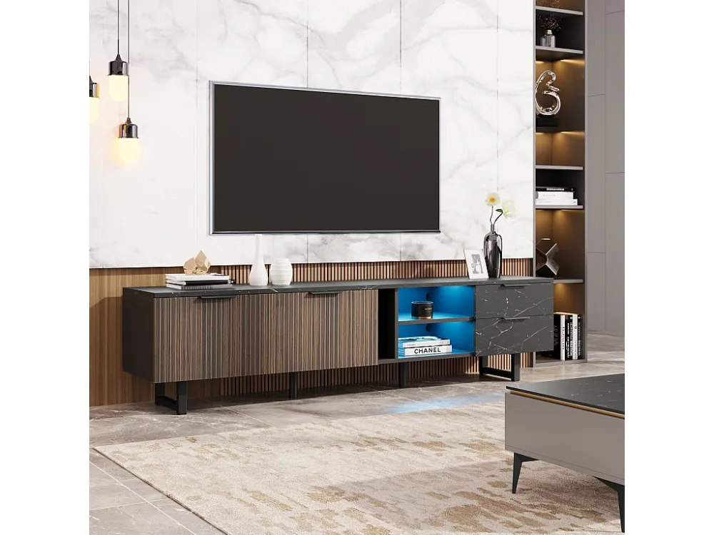 TV-meubel met 2 deuren, 2 laden en 2 nissen - 200 x 38 x 50 cm - LED's - MDF hout - Zwart + hout Merax