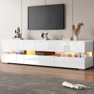TV-meubel met 4 deuren, 2 laden, open vak - 160 x 39 x 45 cm - Spaanplaat - LED's - Glanzend wit Merax