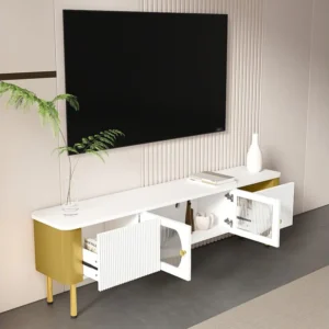 TV-meubel met 2 deuren en 2 lades - 170 x 34 x 50 cm - MDF hout - gouden handgrepen en poten - Wit Merax