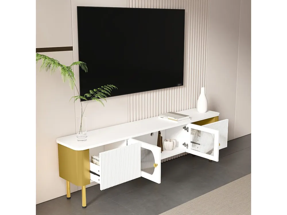 TV-meubel met 2 deuren en 2 lades - 170 x 34 x 50 cm - MDF hout - gouden handgrepen en poten - Wit Merax