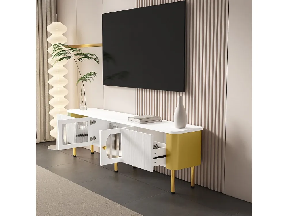 TV-meubel met 2 deuren en 2 lades - 170 x 34 x 50 cm - MDF hout - gouden handgrepen en poten - Wit Merax