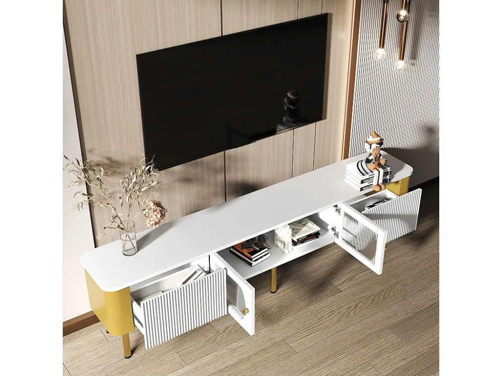 TV-meubel met 2 deuren en 2 lades - 170 x 34 x 50 cm - MDF hout - gouden handgrepen en poten - Wit Merax