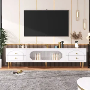 TV-meubel met 2 deuren en 4 lades - 175 x 45 x 35 cm - MDF hout en gouden poten - Wit Merax