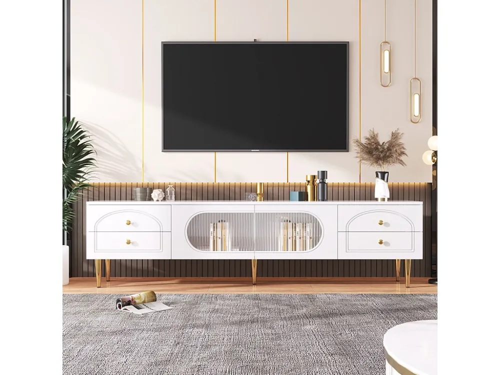 TV-meubel met 2 deuren en 4 lades - 175 x 45 x 35 cm - MDF hout en gouden poten - Wit Merax