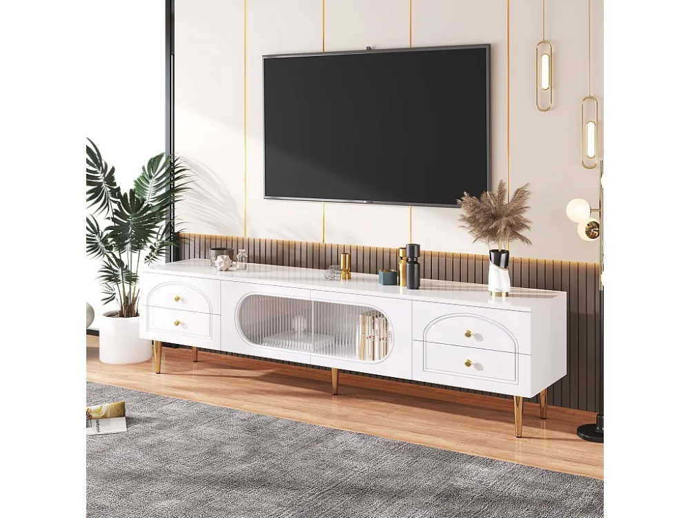 TV-meubel met 2 deuren en 4 lades - 175 x 45 x 35 cm - MDF hout en gouden poten - Wit Merax