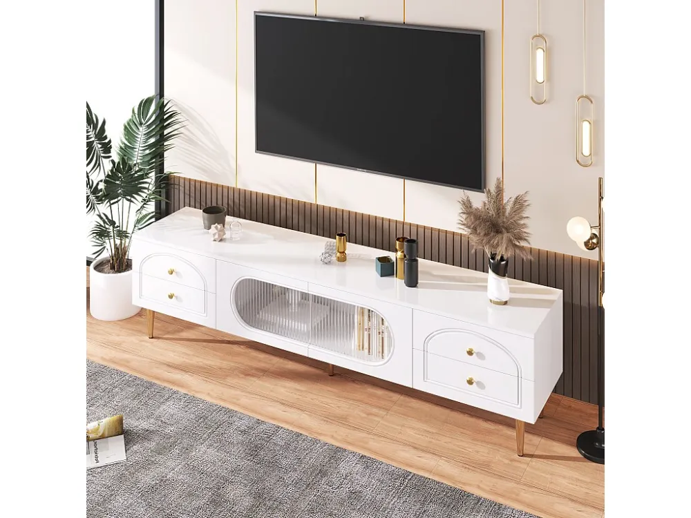 TV-meubel met 2 deuren en 4 lades - 175 x 45 x 35 cm - MDF hout en gouden poten - Wit Merax