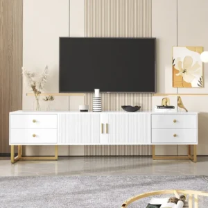 TV-meubel met 2 deuren en 4 lades - 175 x 30 x 46 cm - MDF hout, goud metalen poten en handgrepen - wit Merax