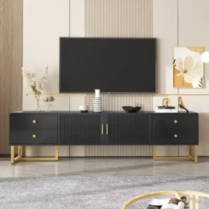 TV-meubel met 2 deuren en 4 lades - 175 x 30 x 46 cm - MDF hout, goud metalen poten en handgrepen - zwart Merax