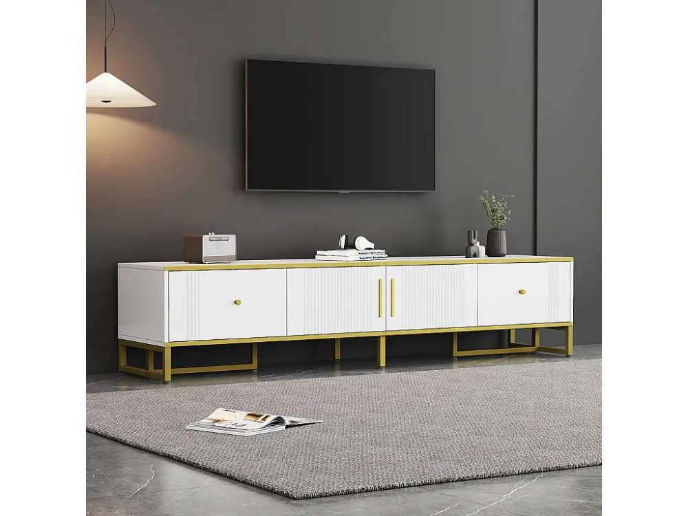 TV-meubel met 2 deuren en 2 lades - 180 x 40 x 40 cm - Spaanplaat en metalen poten - Wit Merax