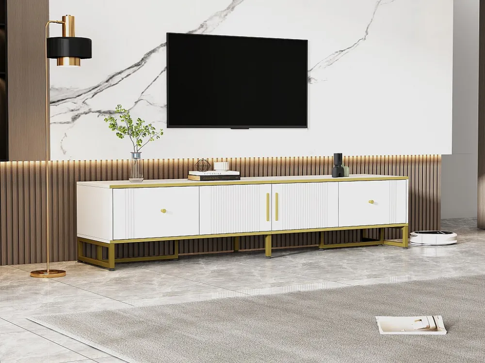 TV-meubel met 2 deuren en 2 lades - 180 x 40 x 40 cm - Spaanplaat en metalen poten - Wit Merax