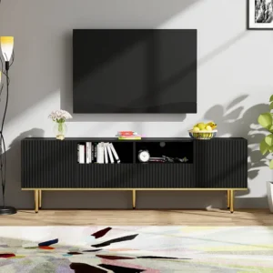 TV-meubel met 2 deuren, 2 lades en 2 nissen - 165x36x55cm - Spaanplaat en gouden poten - Zwart Merax