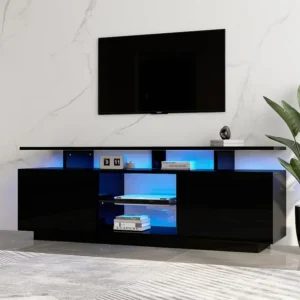 TV-meubel met 2 deuren en planken voor 60" TV - 140 x 35 x 55 cm - LED's - Spaanplaat - Glanzend zwart Merax