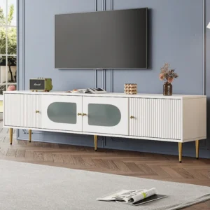 TV-meubel met 2 gestreepte deuren en 2 glazen deuren - 170 x 35 x 50 cm - Spaanplaat - Wit Merax