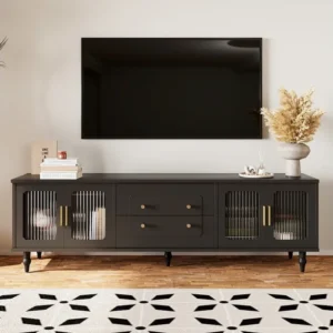 TV-meubel met 4 glazen deuren en 2 lades - 175x38x55,5cm - Spaanplaat - Gouden handgrepen - zwart Merax